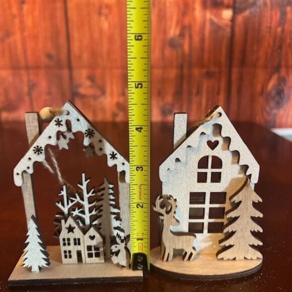 ornament Rustic Wood Christmas House Set of 2 With Reindeer & Pine Trees - Picture 2 of 5